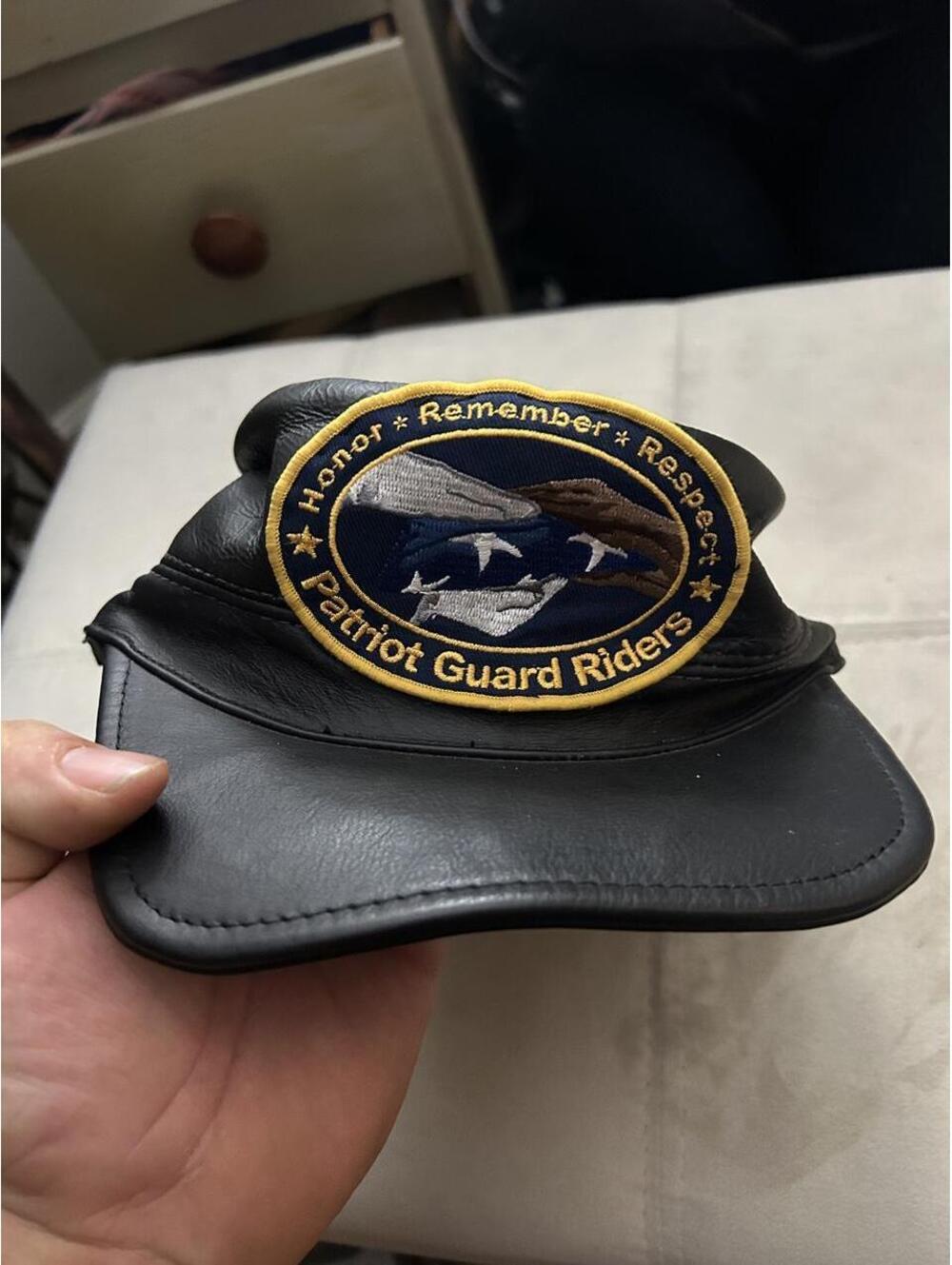 Black leather Patriot Guard Riders black faux leather cap with embroidered eagle